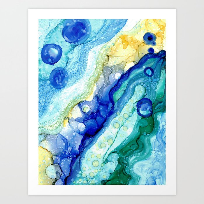 Blue Green Yellow bubble Alcohol Ink Abstract by Herzart Art Print