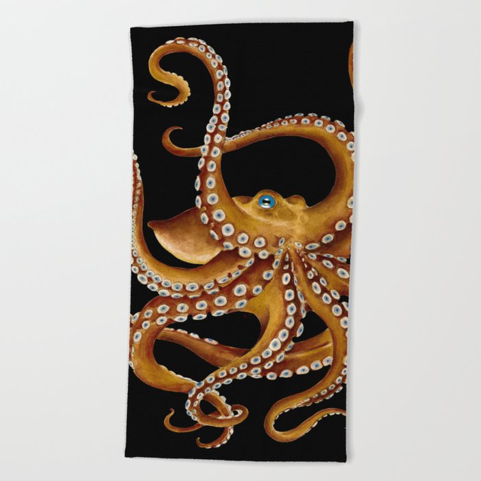 Brown Octopus Blue Eye Black Watercolor Beach Towel