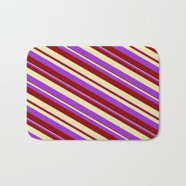 [ Thumbnail: Dark Orchid, Dark Red, and Pale Goldenrod Colored Striped/Lined Pattern Bath Mat ]