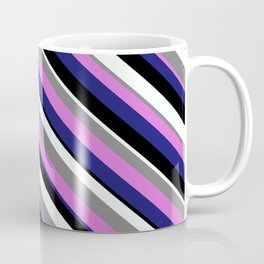 [ Thumbnail: Eye-catching Gray, Orchid, Midnight Blue, Black, and Mint Cream Colored Stripes/Lines Pattern Coffee Mug ]