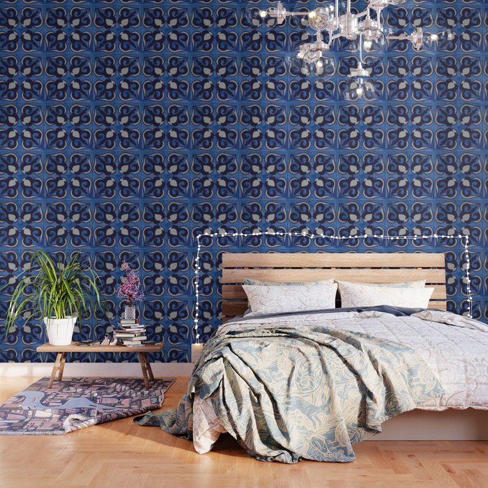 Blue leave elegant talavera tile mosaic pattern retro home decor Wallpaper