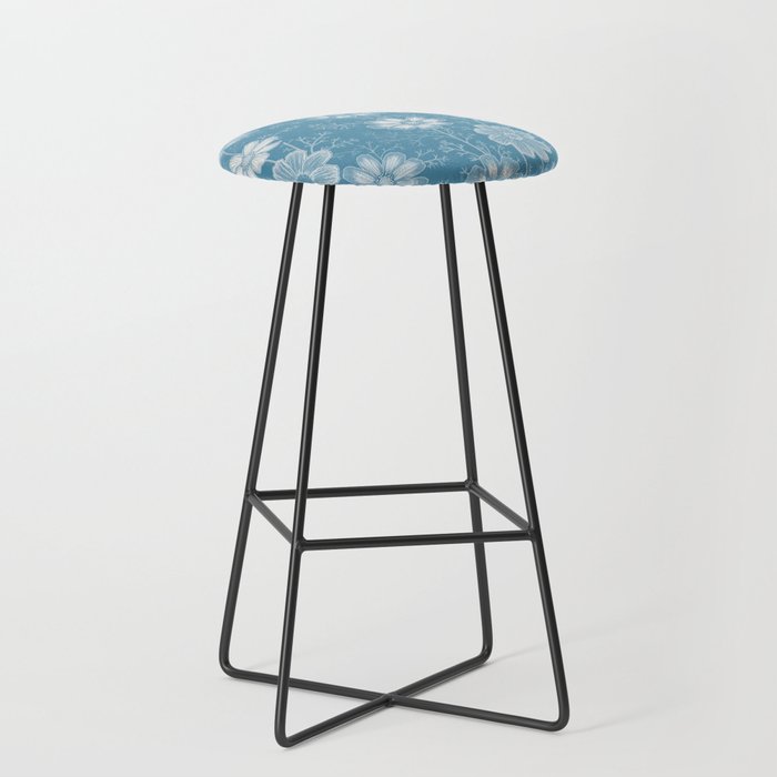 Minimalist Blue Floral Lineart Flowers and Leaves Bar Stool