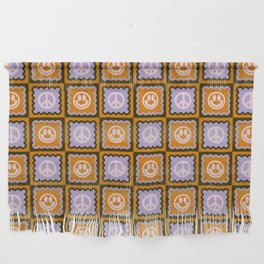 Funky Checkered Smileys and Peace Symbol Pattern (Dark Brown, Ginger Brown, Lilac, Muted Pink) Wall Hanging