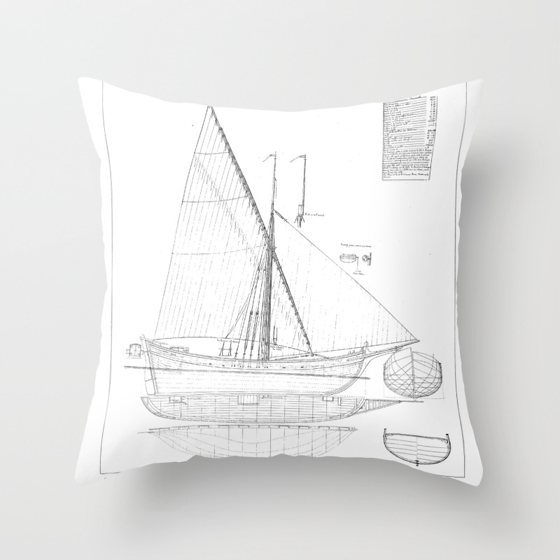 Vintage Black White Sailboat Blueprint Drawing Antique Nautical