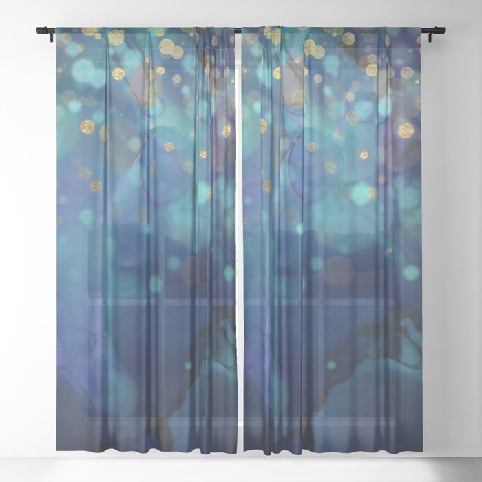 Ocean Blue Golden Bokeh Confetti Sheer Curtain By Nlmiller07art