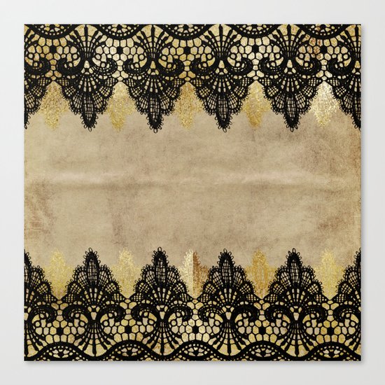 Elegance- Ornament black and gold lace on grunge paper backround Canvas Print
