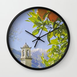 Oranges, Blue Sky, and Mountains in Northern Italy Wall Clock