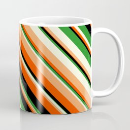 [ Thumbnail: Vibrant Forest Green, Beige, Brown, Red & Black Colored Lines Pattern Coffee Mug ]