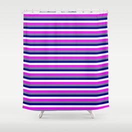 [ Thumbnail: Fuchsia, Slate Gray, Dark Blue & White Colored Lined Pattern Shower Curtain ]