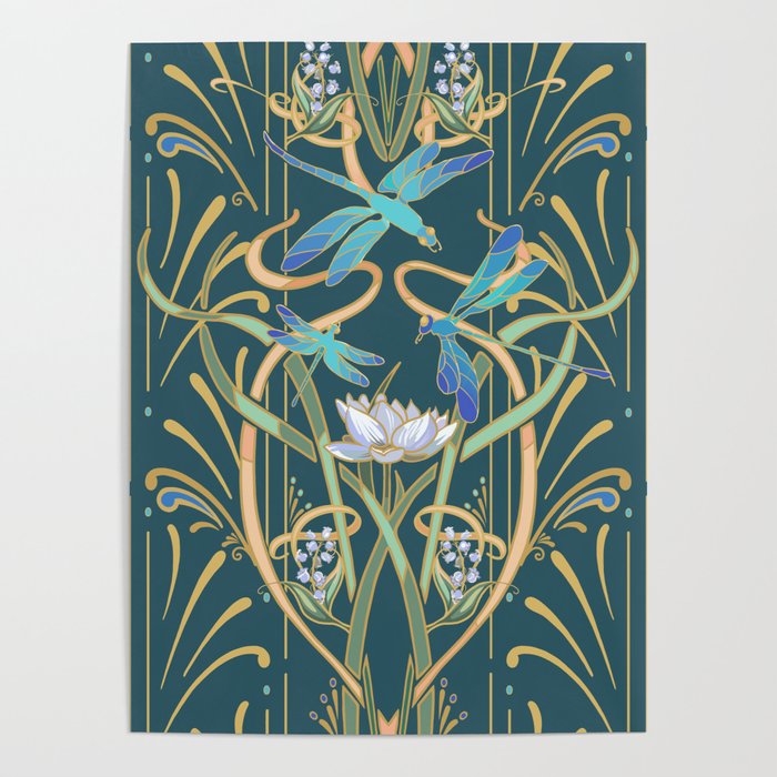 Art Nouveau Dragonflies | Cool Green Poster