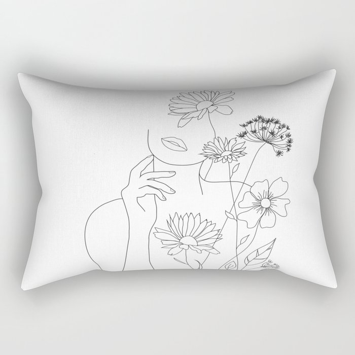 Minimal Line Art Woman with Flowers III Rectangular Pillow
