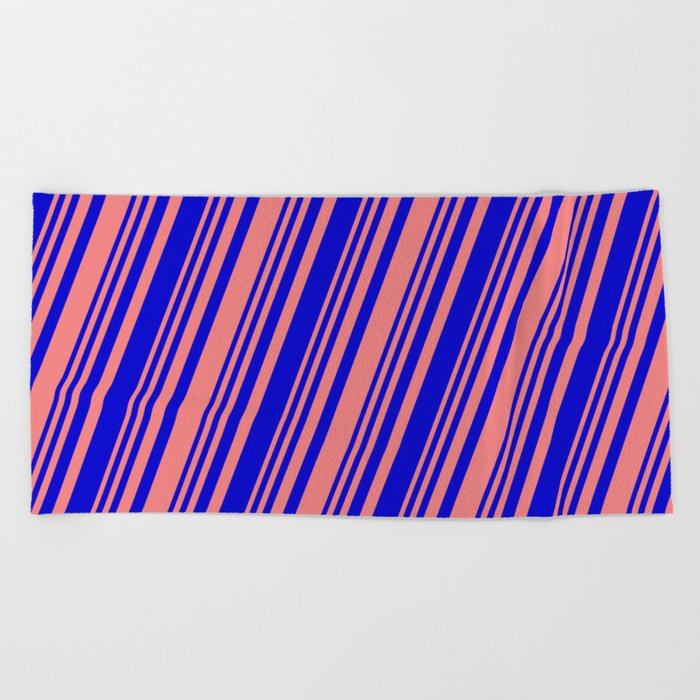 Light Coral & Blue Colored Lines/Stripes Pattern Beach Towel