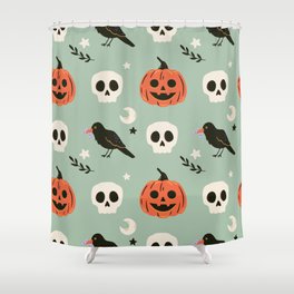 Halloween seamless pattern with ravens, skulls and pumpkin. Cute spooky illustration. Trick or treat holiday background. Hand drawn endless texture Shower Curtain