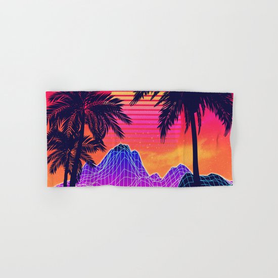 Neon Glowing Grid Rocks And Palm Trees Futuristic Landscape