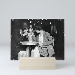 Three girl friends sharing and sipping an aperitif at Paris Cafe portrait black and white photograph - photography - photographs Mini Art Print