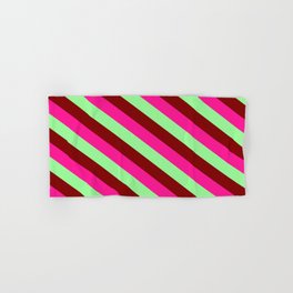 [ Thumbnail: Deep Pink, Green & Maroon Colored Striped Pattern Hand & Bath Towel ]
