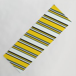 [ Thumbnail: Yellow, Dark Slate Gray, Mint Cream & Black Colored Stripes/Lines Pattern Yoga Mat ]