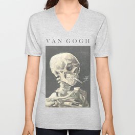 Vincent Van Gogh - Skull of a skeleton with burning cigarette (version with text & dark background) V Neck T Shirt