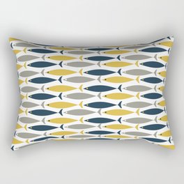 Fish Stripes Mid Mod Pattern in Light Mustard, Navy Blue, Gray, and White Rectangular Pillow