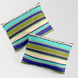 [ Thumbnail: Turquoise, Green, Beige, Blue & Black Colored Striped/Lined Pattern Pillow Sham ]