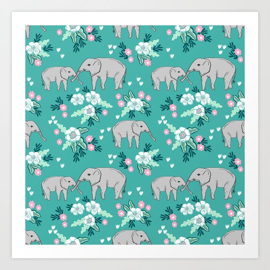 Elephants cute pattern florals good luck flowers and baby animals Art Print