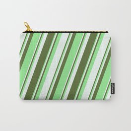 [ Thumbnail: Dark Olive Green, Light Green, and Mint Cream Colored Lines Pattern Carry-All Pouch ]