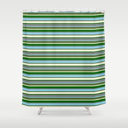 [ Thumbnail: Vibrant Grey, Sky Blue, Dark Olive Green, Beige, and Dark Green Colored Lined/Striped Pattern Shower Curtain ]