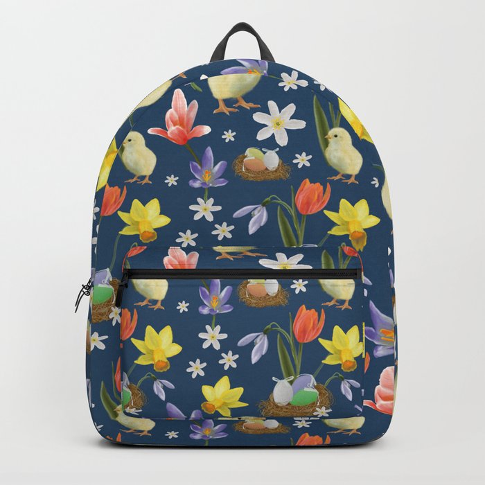 Colorful pattern with easter chicks, easter nests, tulips, daffodils, crocuses, wood anemones Backpack