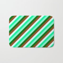 [ Thumbnail: Eyecatching Green, Aquamarine, Dark Green, Brown & Light Cyan Colored Stripes/Lines Pattern Bath Mat ]
