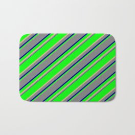[ Thumbnail: Lime, Tan, Grey & Dark Blue Colored Lined/Striped Pattern Bath Mat ]