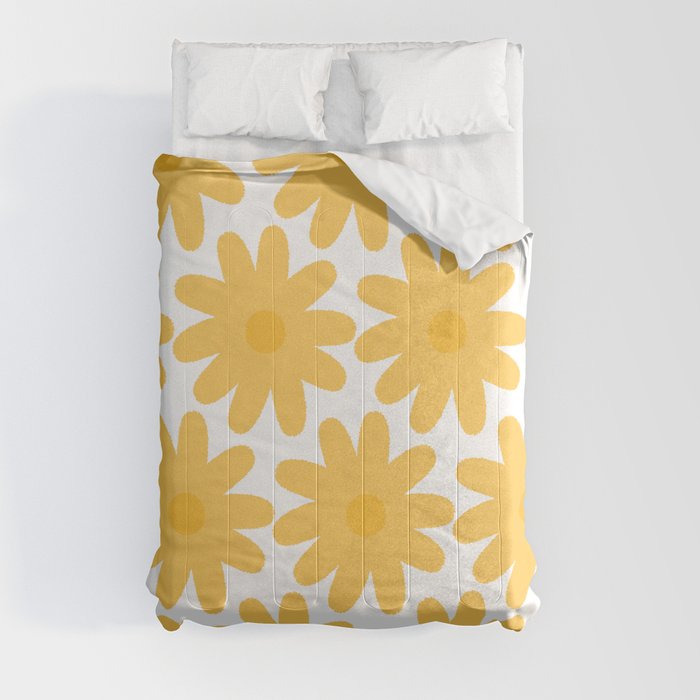 Crayon Flowers Cheerful Floral Pattern in Mustard Yellow and White Comforter