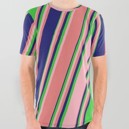 [ Thumbnail: Lime Green, Light Pink, Light Coral & Midnight Blue Colored Lines/Stripes Pattern All Over Graphic Tee ]