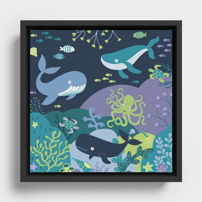 Whale Paradise Seascape - Cute SeaLife pattern by Cecca Designs Framed Canvas