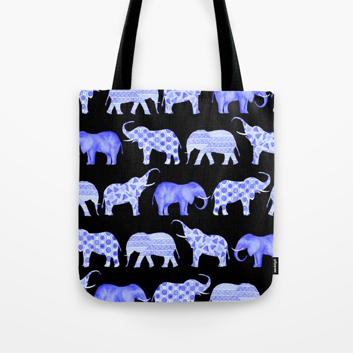 Blue Happy Elephants - Black background Tote Bag