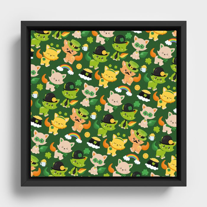 Cute Irish Cat Leprechaun Shamrock Clover St Patrick's Day Framed Canvas