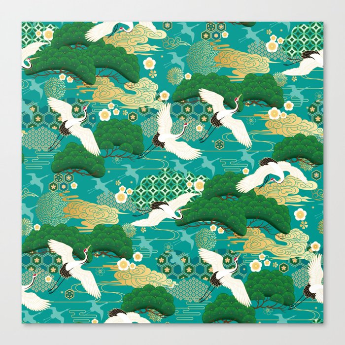 Japanese Flying Crane Aqua Mint Forest Pattern Canvas Print