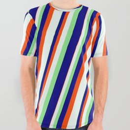 [ Thumbnail: Light Green, Blue, Red & Mint Cream Colored Stripes Pattern All Over Graphic Tee ]