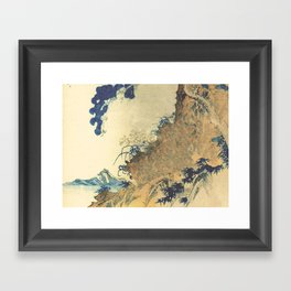 A Hill by Kennen - Nature Ukiyo Landscape in Blue, Brown and Orange Framed Art Print