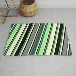 [ Thumbnail: Colorful Grey, Dark Slate Gray, Green, Light Yellow, and Black Colored Striped Pattern Rug ]
