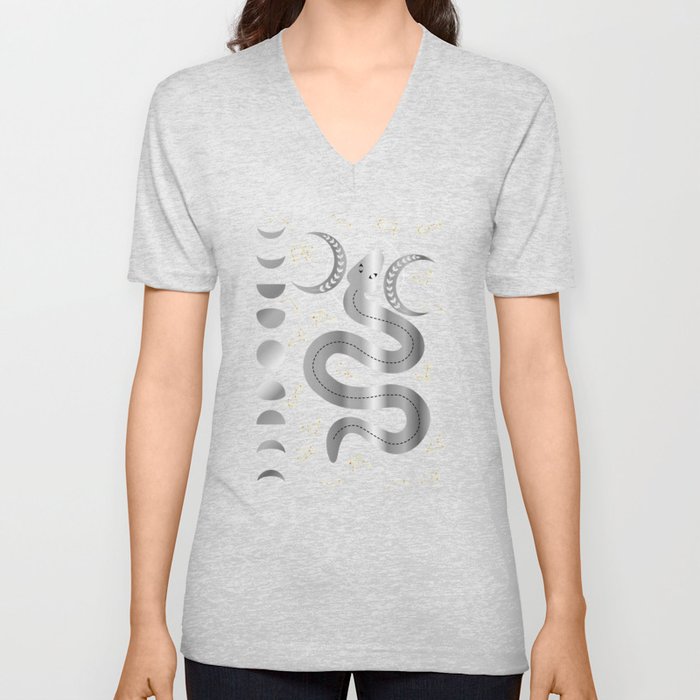 Magic snake with moon phases stars and constellations in silver V Neck T Shirt
