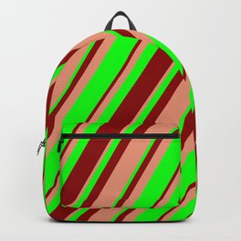 [ Thumbnail: Dark Salmon, Lime, and Dark Red Colored Lines Pattern Backpack ]