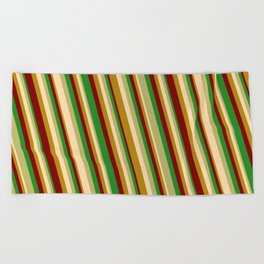 [ Thumbnail: Eye-catching Forest Green, Dark Khaki, Tan, Dark Goldenrod & Maroon Colored Stripes Pattern Beach Towel ]