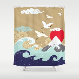 Japanese Traditional Art Crane Waves Shower Curtain