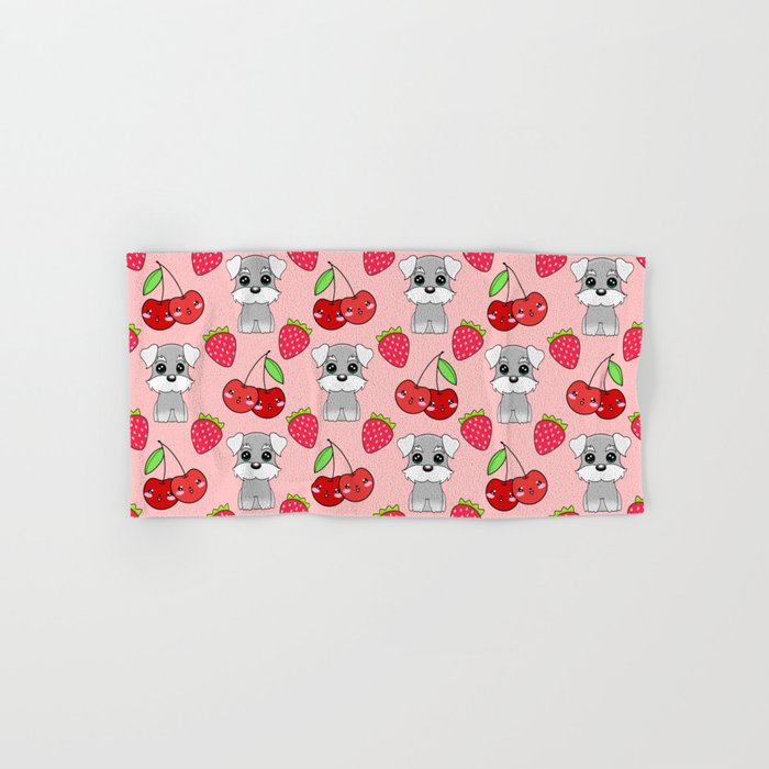 Cute little happy grey little baby Schnauzer puppies, yummy red sweet summer strawberries and funny Kawaii cherries pastel coral red fruity pattern design. Hand & Bath Towel