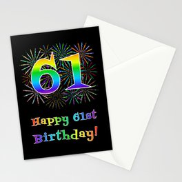 [ Thumbnail: 61st Birthday - Fun Rainbow Spectrum Gradient Pattern Text, Bursting Fireworks Inspired Background Stationery Cards ]