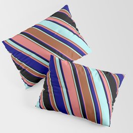 [ Thumbnail: Eyecatching Turquoise, Sienna, Light Coral, Blue, and Black Colored Lined Pattern Pillow Sham ]