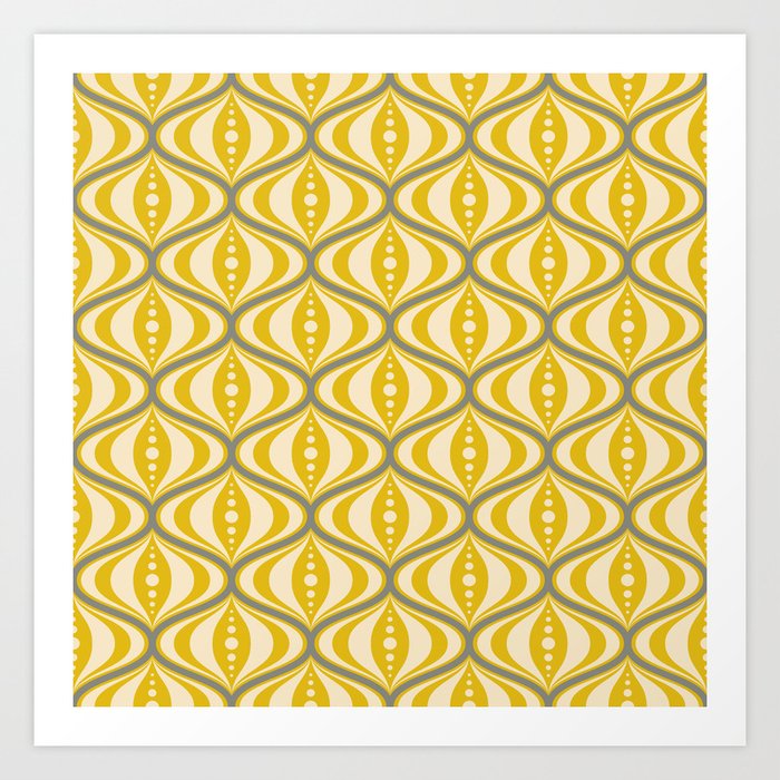 Retro Mid-Century Saucer Pattern in Yellow, Gray, Cream Art Print