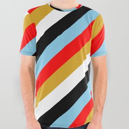 [ Thumbnail: Sky Blue, Red, Goldenrod, White & Black Colored Lines/Stripes Pattern All Over Graphic Tee ]