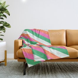 [ Thumbnail: Mint Cream, Coral, Hot Pink, and Sea Green Colored Lined Pattern Throw Blanket ]