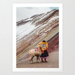 Peruvian girl in Quechua dress with her pet llama in front of a snow-capped Rainbow Mountain Art Print